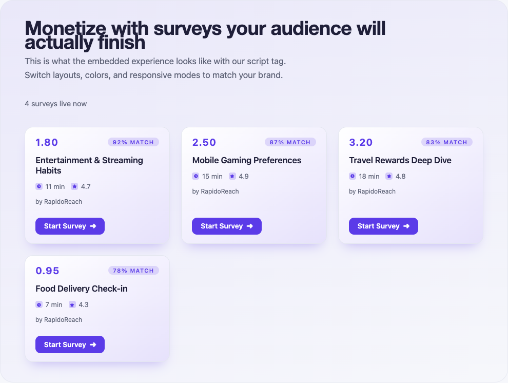 RapidoReach public web playground showing sample survey cards