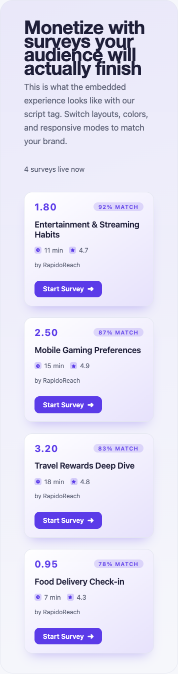Mobile layout of the public web demo with four sample survey cards